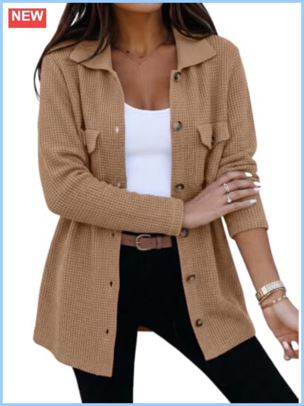 Waffle Chunky Knit Cardigan Shacket V-Neck Button Down Long Sleeve